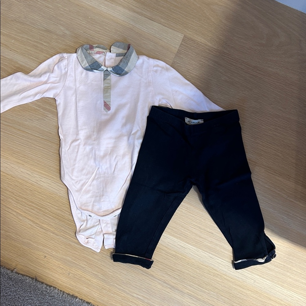 Burberry Pink Bodysuit with Black Pants Kids Matching Set